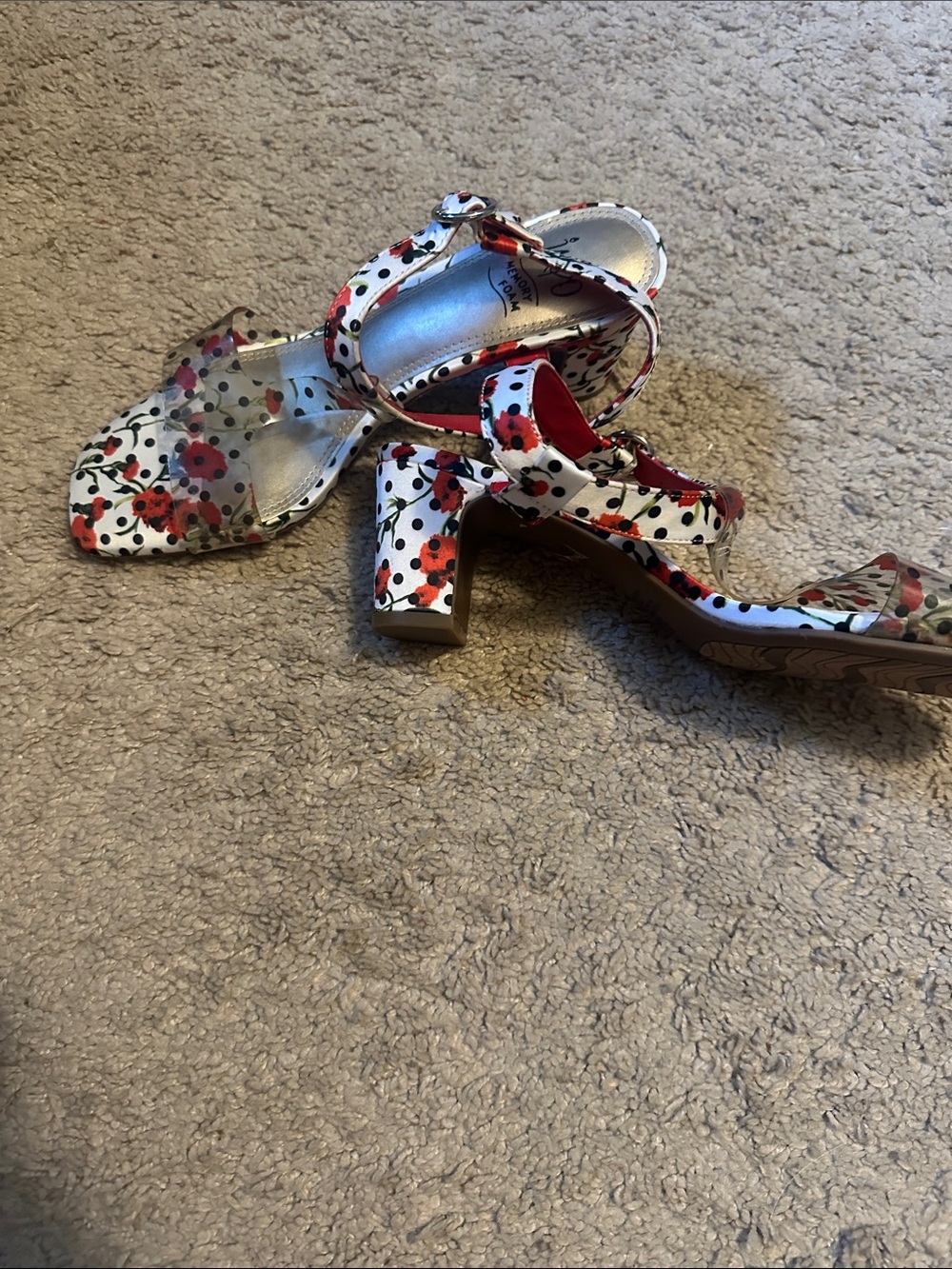 Floral Red and White Block Heel Sandals